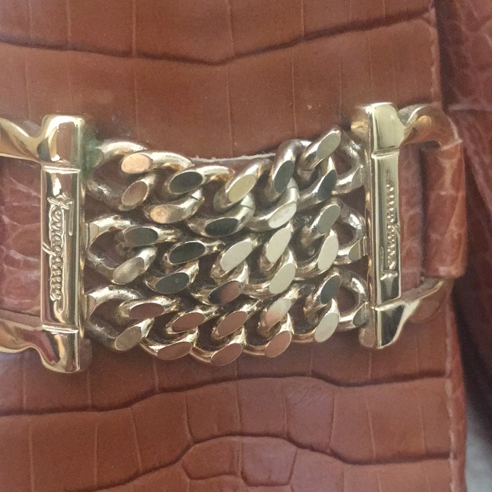 Salvatore Ferragamo Tan Croc-Embossed Leather Chain Loafers - Picture 7 of 7